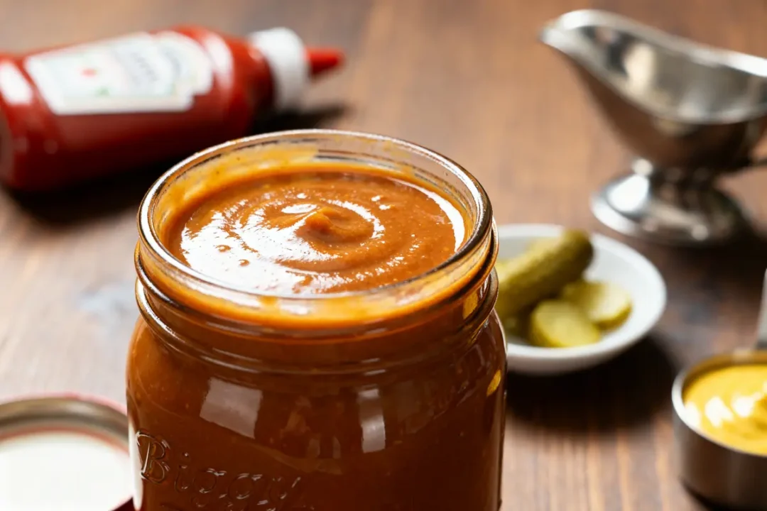 Pot de biggy sauce sur table avec condiment et cornichons en arrière-plan