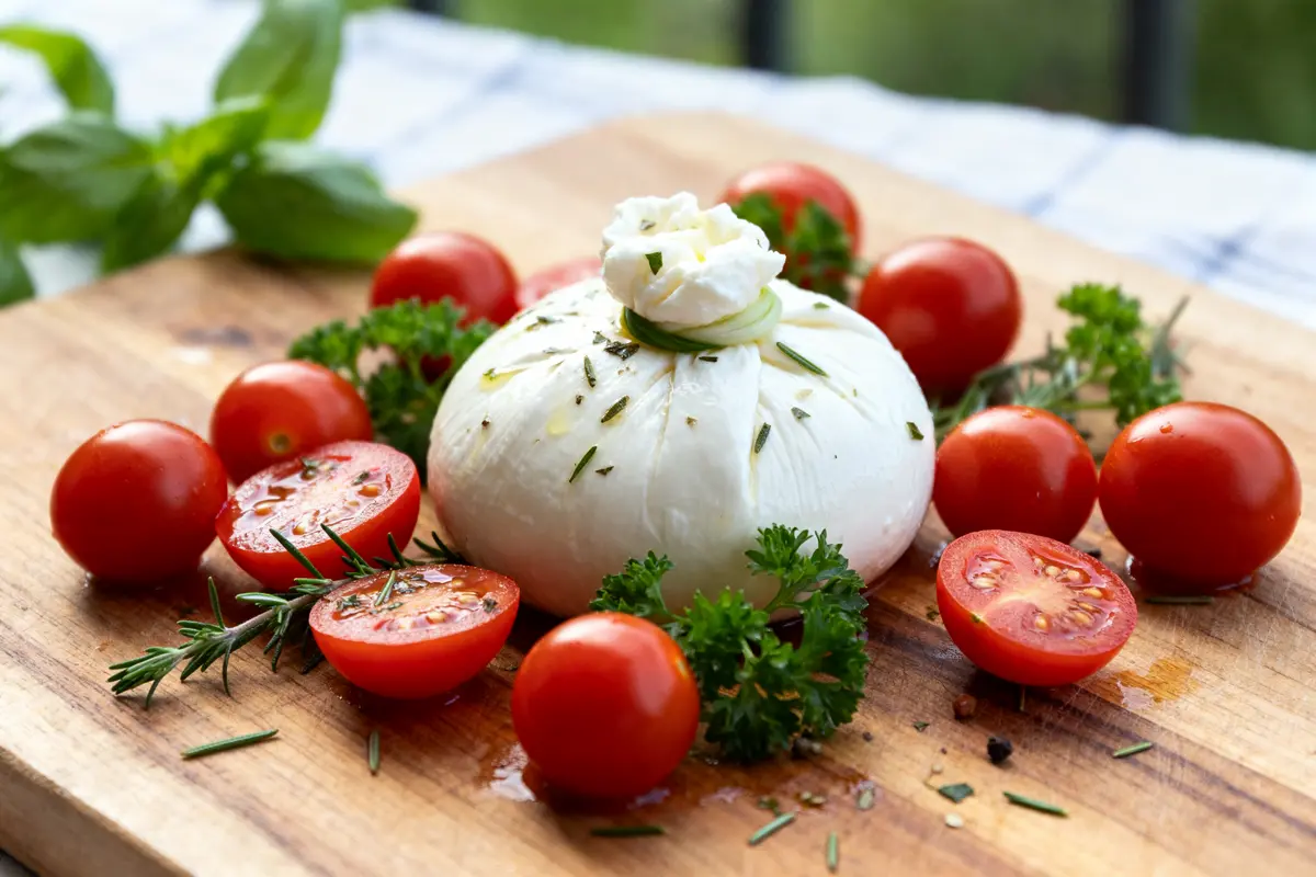 Burrata entourée de tomates et herbes sur planche en bois, burrata nutrition facts inclus