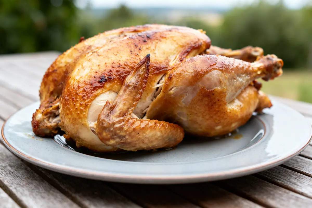 Poulet rôti doré sur assiette, extérieur, calorie du poulet rôti important à connaître