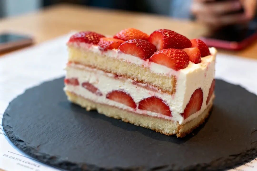 Part de fraisier avec fraises fraîches illustrant la calorie d'un fraisier sur assiette noire