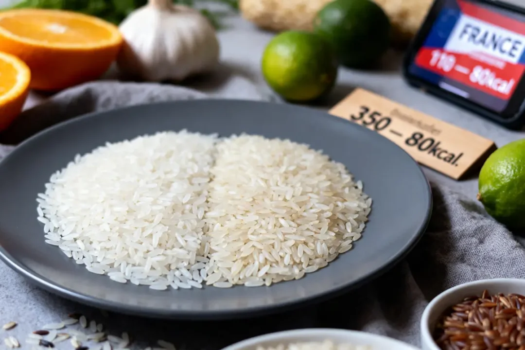 Assiette de riz blanc et complet sur table, calories du riz indiquées sur une étiquette