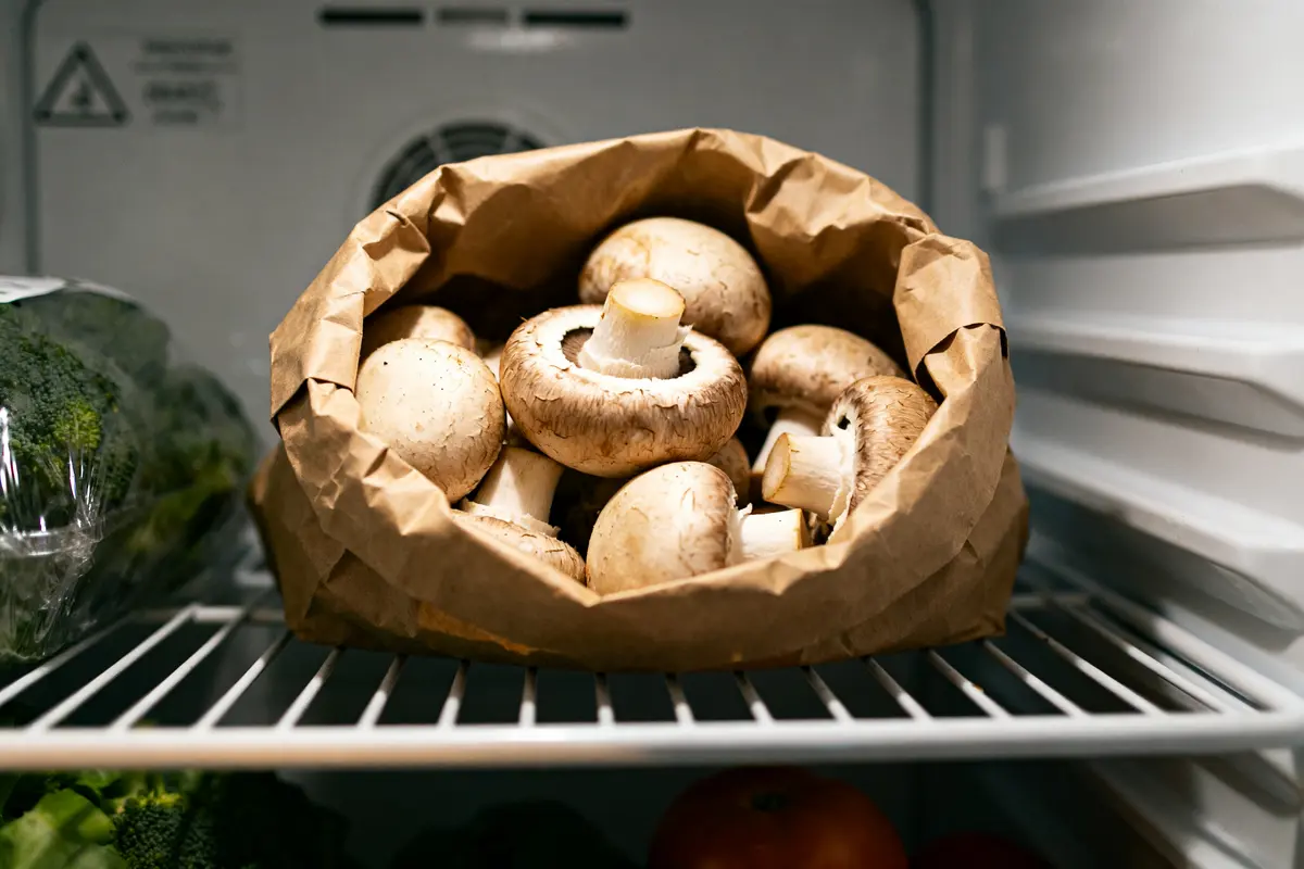 Sac en papier rempli de champignons sur une étagère de frigo pour conserver les champignons frais