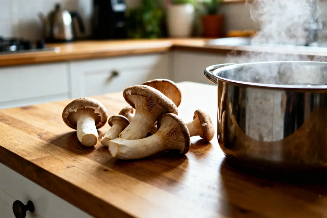 Champignons sur planche à côté d'une casserole pour cuire des trompettes-de-la-mort à la vapeur