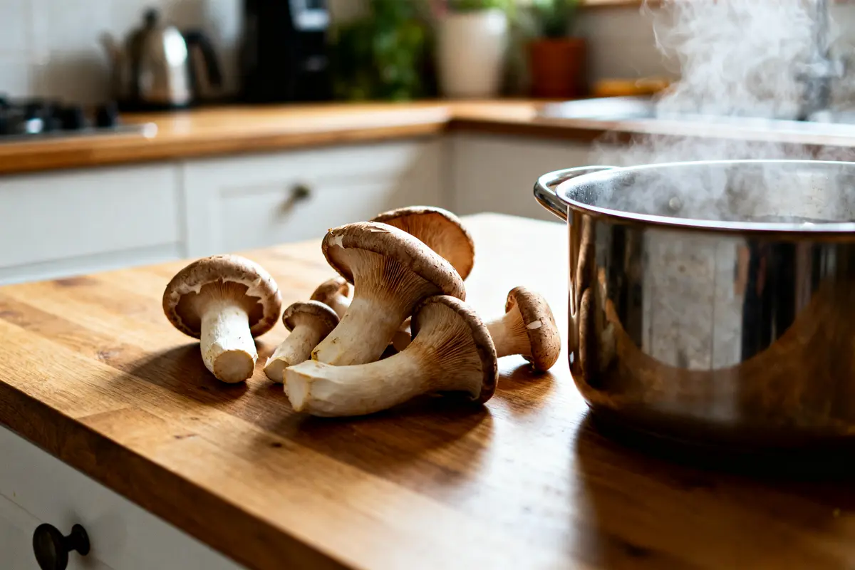 Champignons sur planche à côté d'une casserole pour cuire des trompettes-de-la-mort à la vapeur