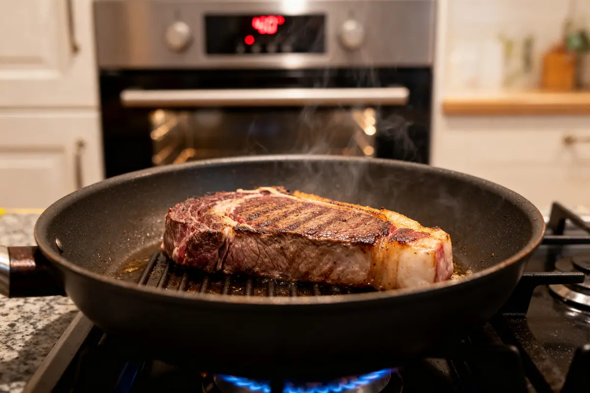 Cuisson de la basse-côte grillée dans une poêle sur une cuisinière à gaz