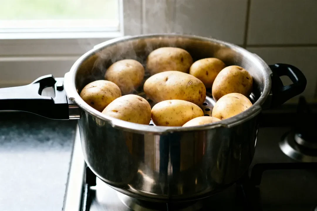 Cuisson de pomme de terre en cocotte-minute avec vapeur s'échappant sur la cuisinière.