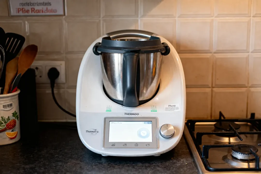 Robot culinaire sur plan de travail pour préparer des plats dans l'espace recette Thermomix