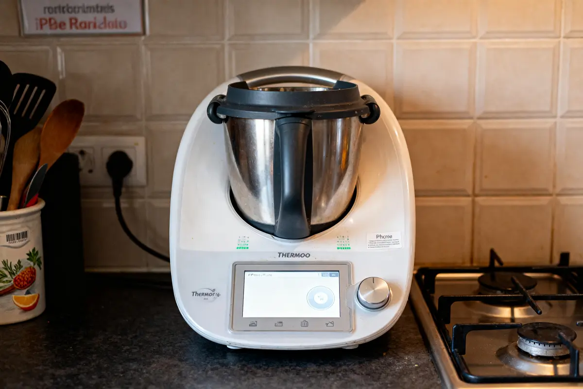Robot culinaire sur plan de travail pour préparer des plats dans l'espace recette Thermomix