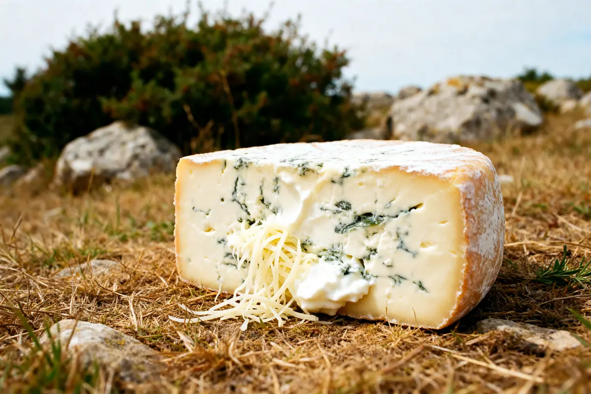 Fromage stracciatella crémeux à texture marbrée posé sur sol herbeux et rochers.