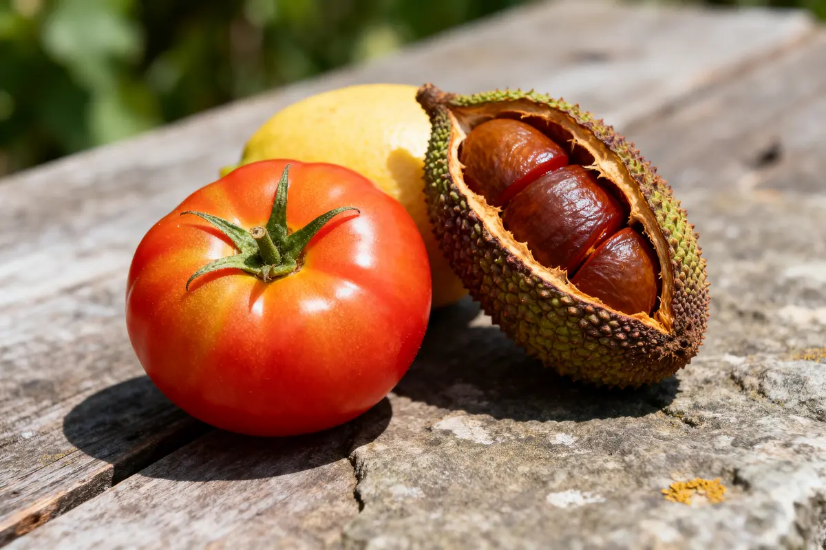 Tomate, citron et fruit en T sur table en bois ensoleillée