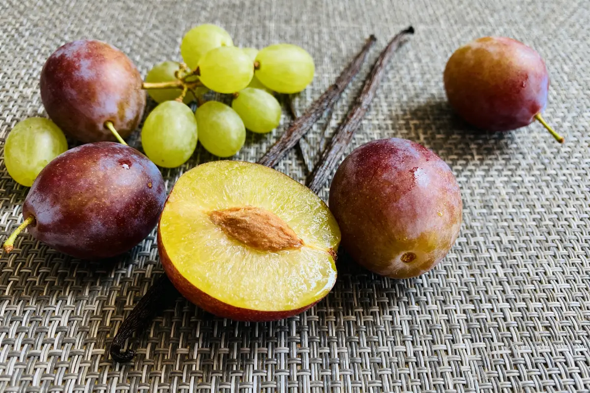 Prunes entières et coupées, raisin vert et gousses de vanille, un fruit en v.