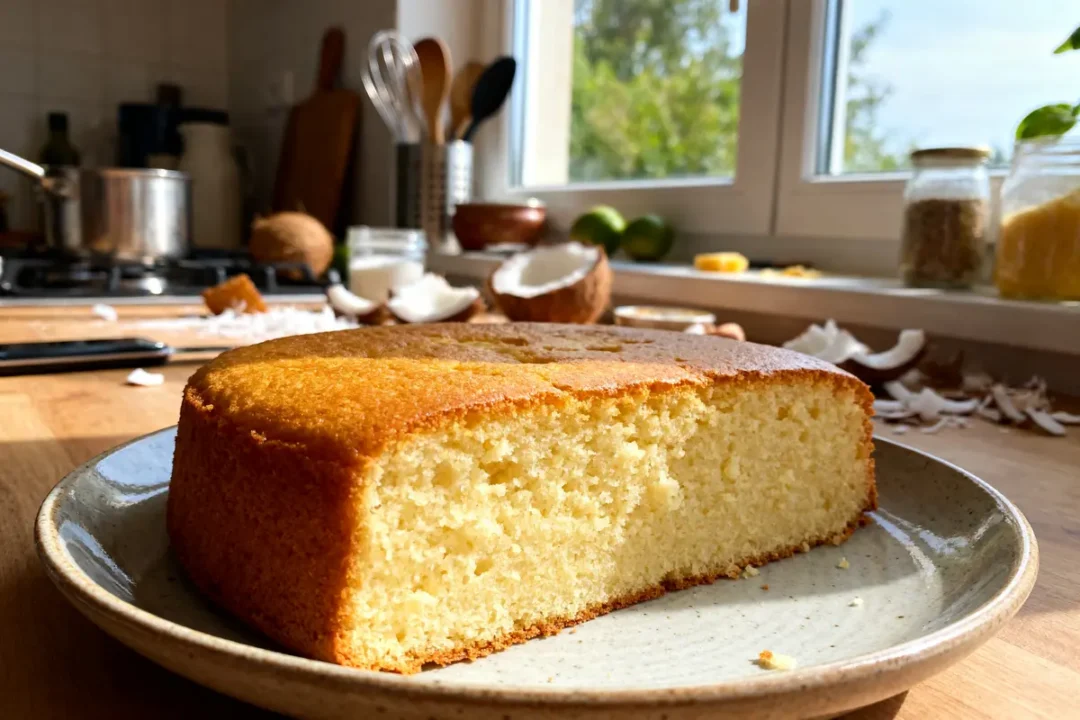 Gâteau moelleux au lait de coco sur assiette dans une cuisine éclairée par le soleil
