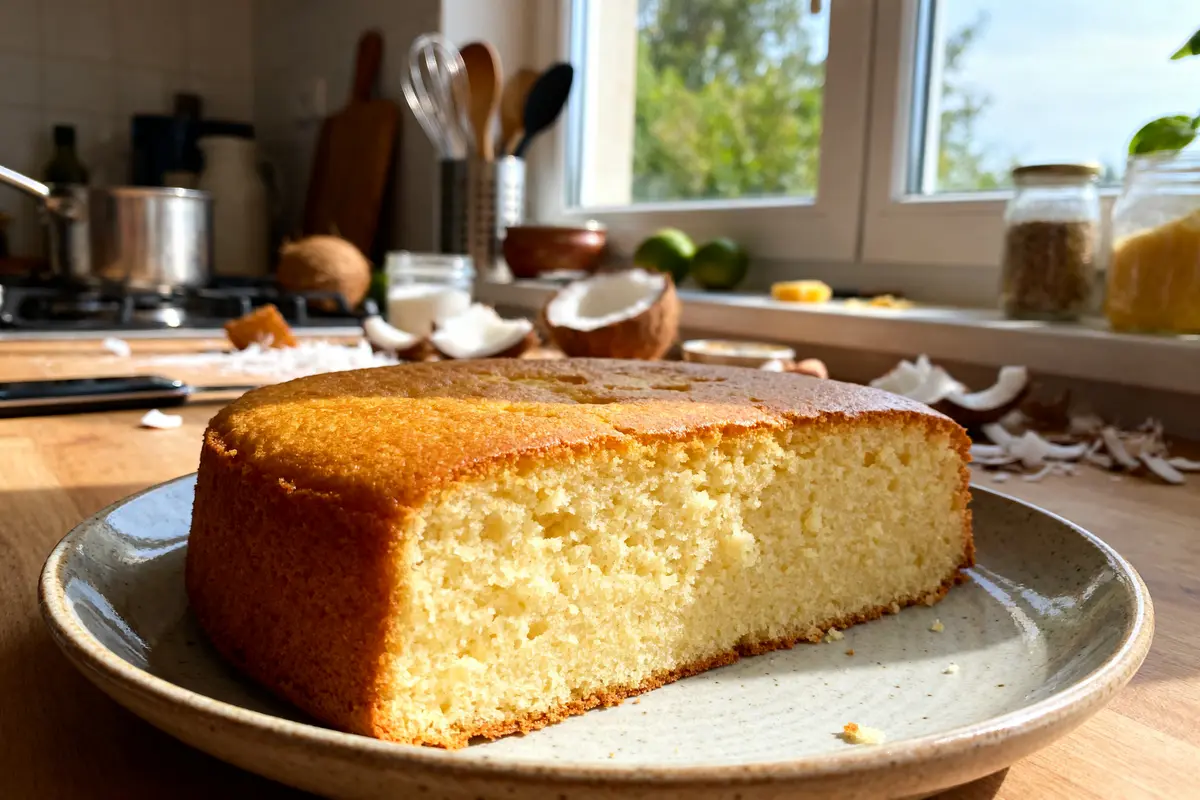 Gâteau moelleux au lait de coco sur assiette dans une cuisine éclairée par le soleil