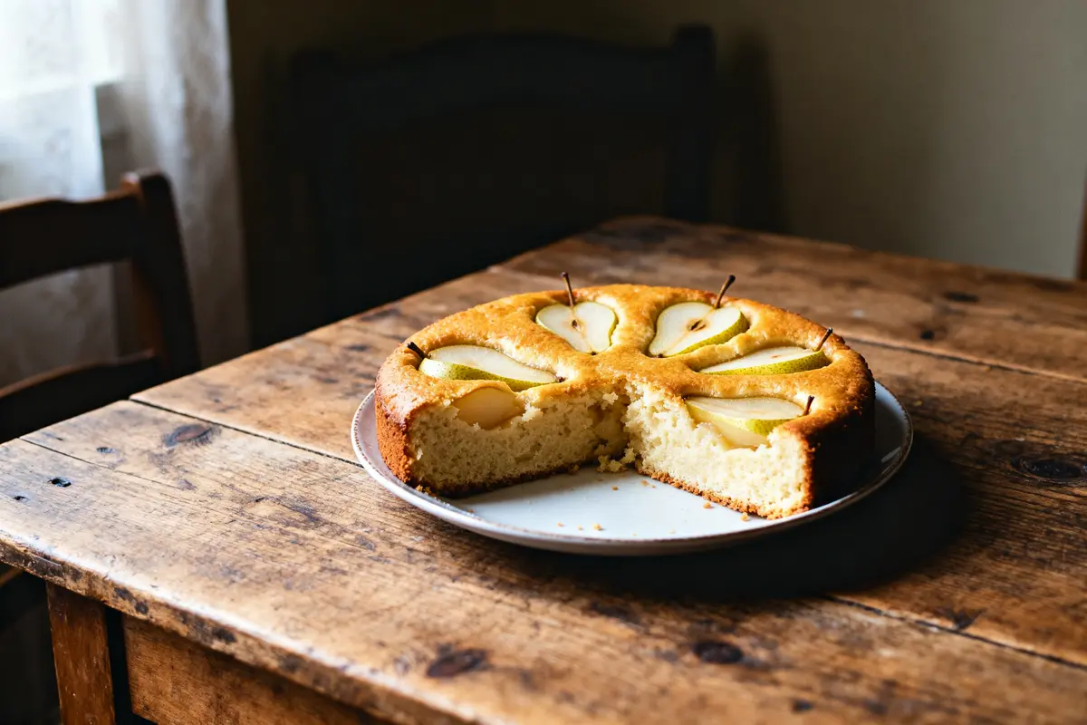 Gâteau aux poire façon grand-mère sur table rustique avec part manquante
