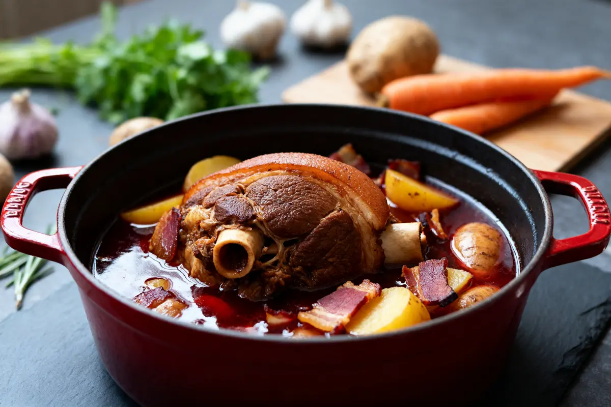 Plat mijoté de joue de porc façon grand-mère avec légumes et lardons en cocotte