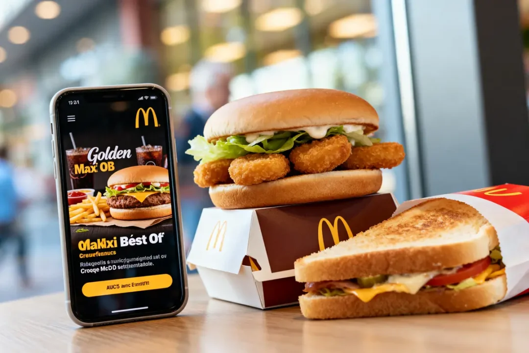 Burger et téléphone affichant menu Golden McDo près d'un sandwich au poulet et frites