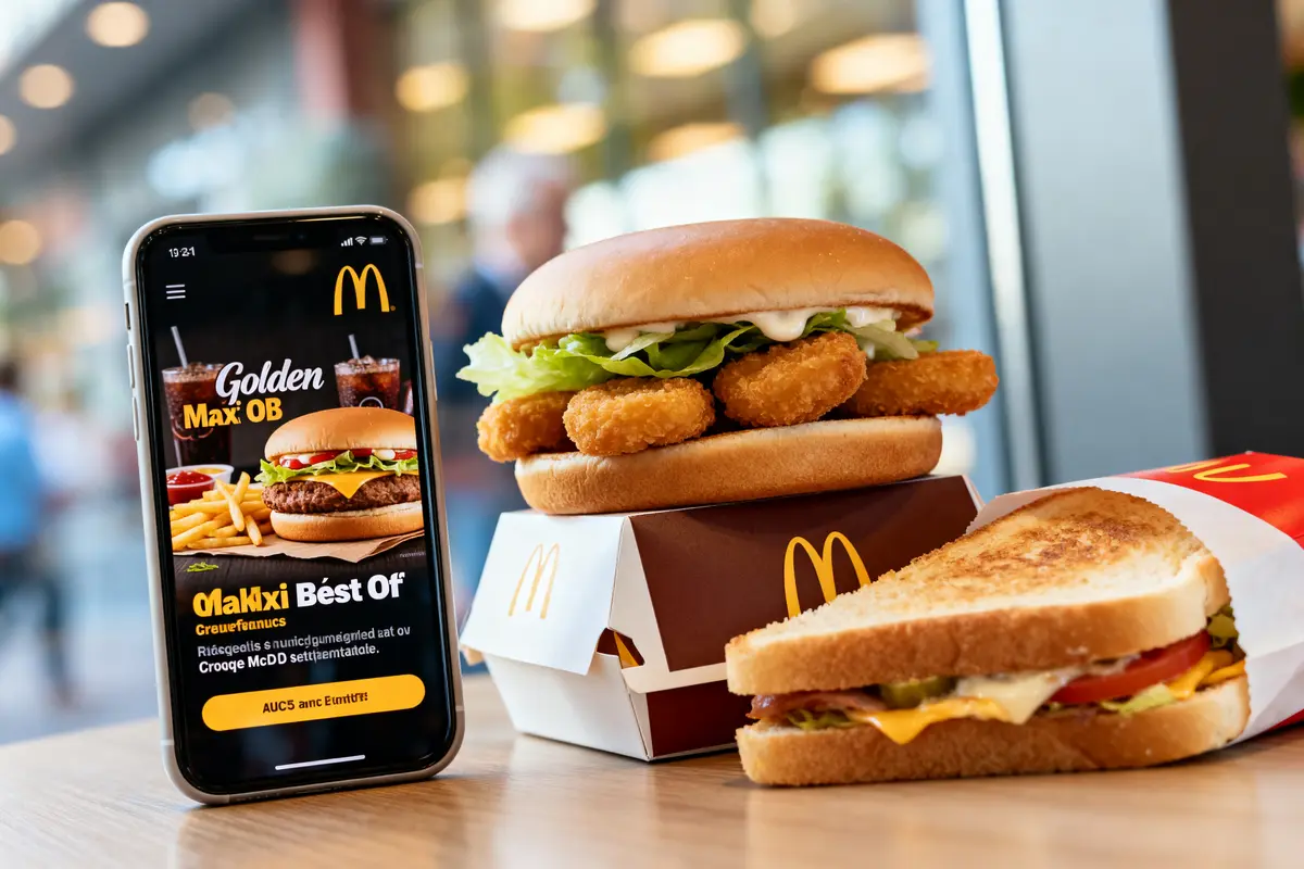 Burger et téléphone affichant menu Golden McDo près d'un sandwich au poulet et frites
