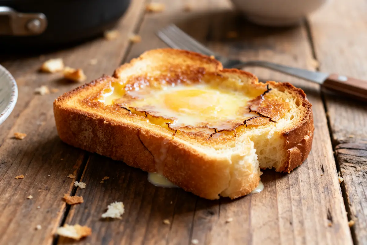 Tranche de pain perdu dorée avec beurre fondant sur table en bois rustique