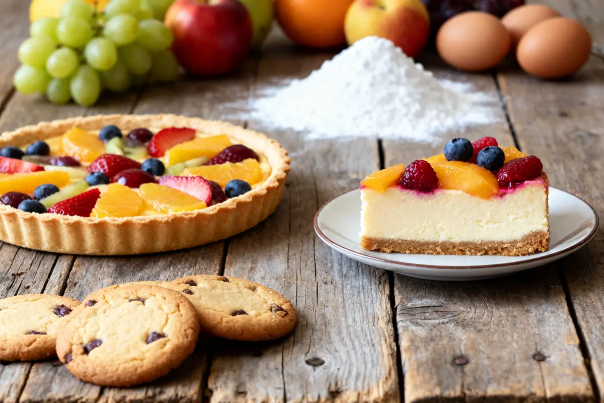 Tarte aux fruits et cheesecake sur bois avec idées que faire avec une pâte sablée