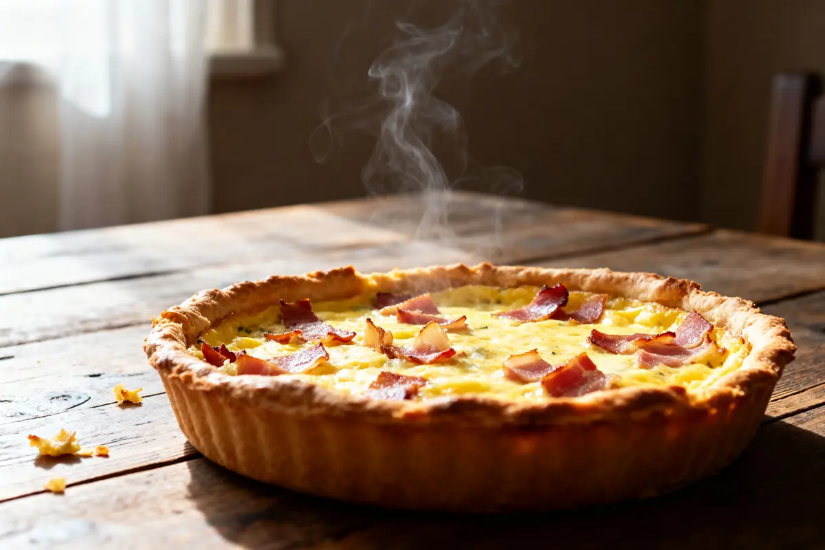Quiche lorraine de grand-mère chaude sur table en bois avec lardons fumants