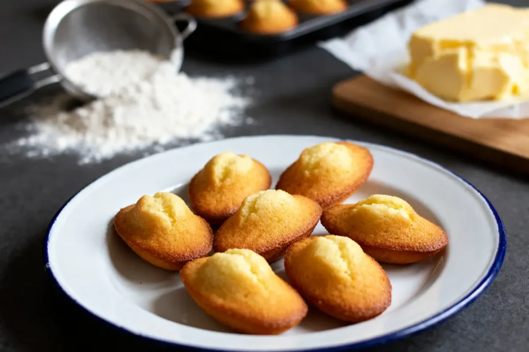 Assiette de madeleines dorées, ingrédients et recette de biscuits madeleines Cyril Lignac en préparation