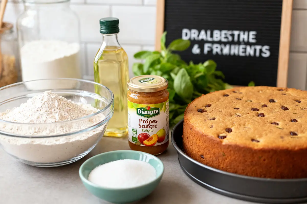 Ingrédients pour une recette de gâteau pour diabétique sans sucre avec gâteau aux raisins
