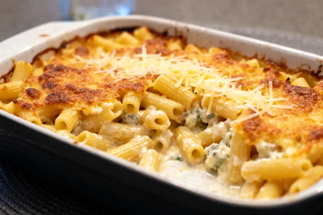 Gratin de pâtes doré au fromage, délicieux exemple d’une recette de gratin de pâtes.