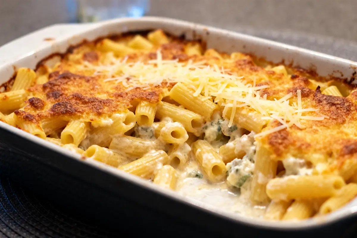 Gratin de pâtes doré au fromage, délicieux exemple d’une recette de gratin de pâtes.