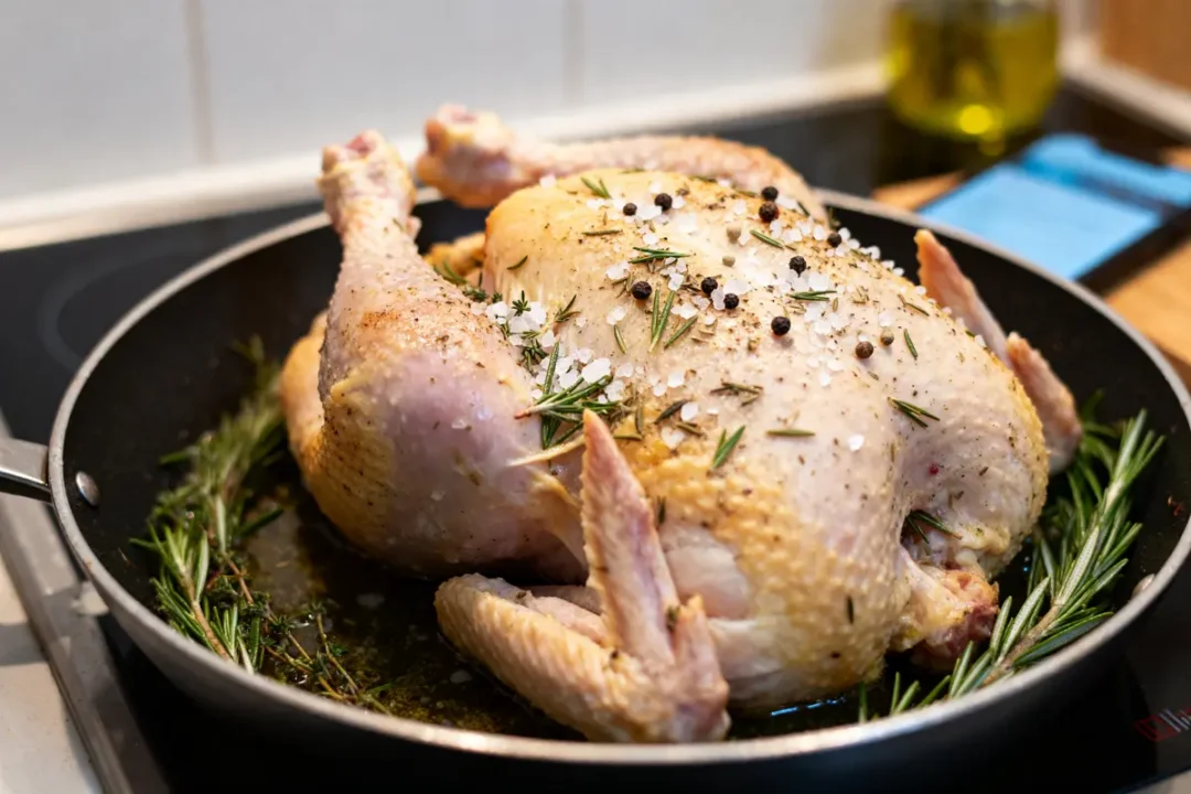 Poulet assaisonné dans une poêle, prêt pour une recette de poulet rôti au four