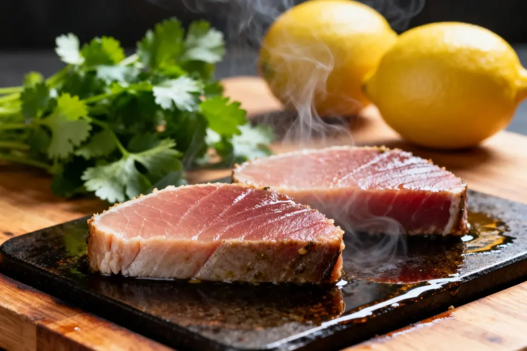 Deux steaks de thonine grillés avec citron et coriandre recette de thonine savoureuse et simple