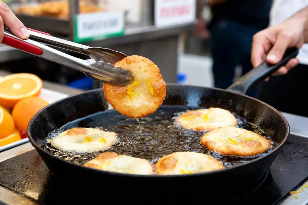 Cuisson traditionnelle de recette d'oreillettes de grand-mère dans une poêle avec des pinces