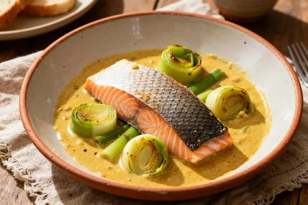 Plat de saumon et poireaux nappé de sauce crémeuse, recette saumon poireaux savoureuse