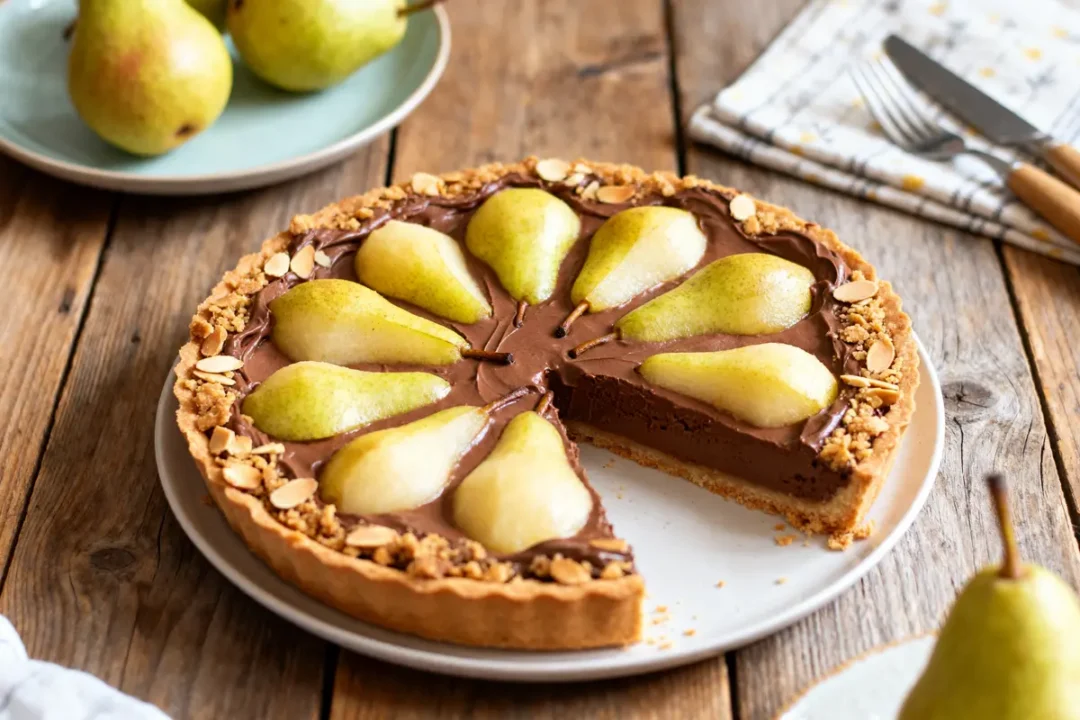 Tarte poire chocolat de Cyril Lignac avec amandes effilées sur table en bois rustique