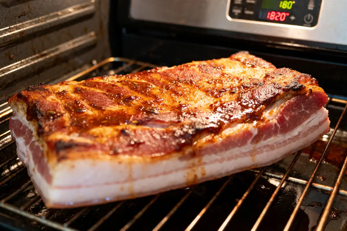 Travers de porc dorés à point au four indiquant le temps de cuisson ideal