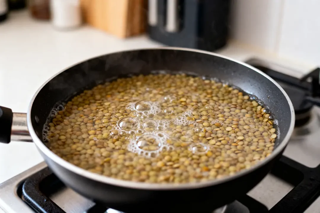 Poêle avec lentilles bouillantes, illustrant le temps de cuisson des lentilles sur la cuisinière