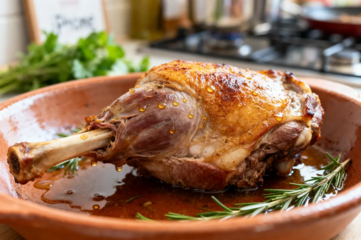 Gigot d'agneau rôti avec romarin illustrant le temps de cuisson d'un gigot d'agneau au four chaleur tournante