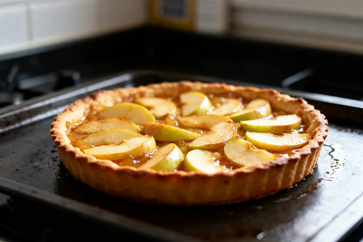 Tarte aux pommes sur plaque de cuisson illustrant le temps de cuisson d'une tarte aux pommes