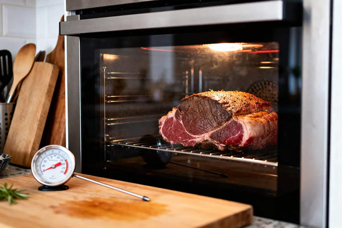 Rosbif rôti au four avec thermomètre pour contrôler temps de cuisson pour un rosbif