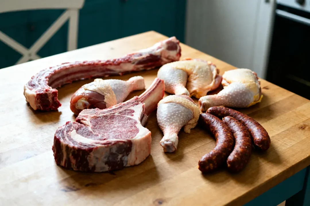 Viande pour le couscous sur une table avec agneau, poulet et saucisses artisanales